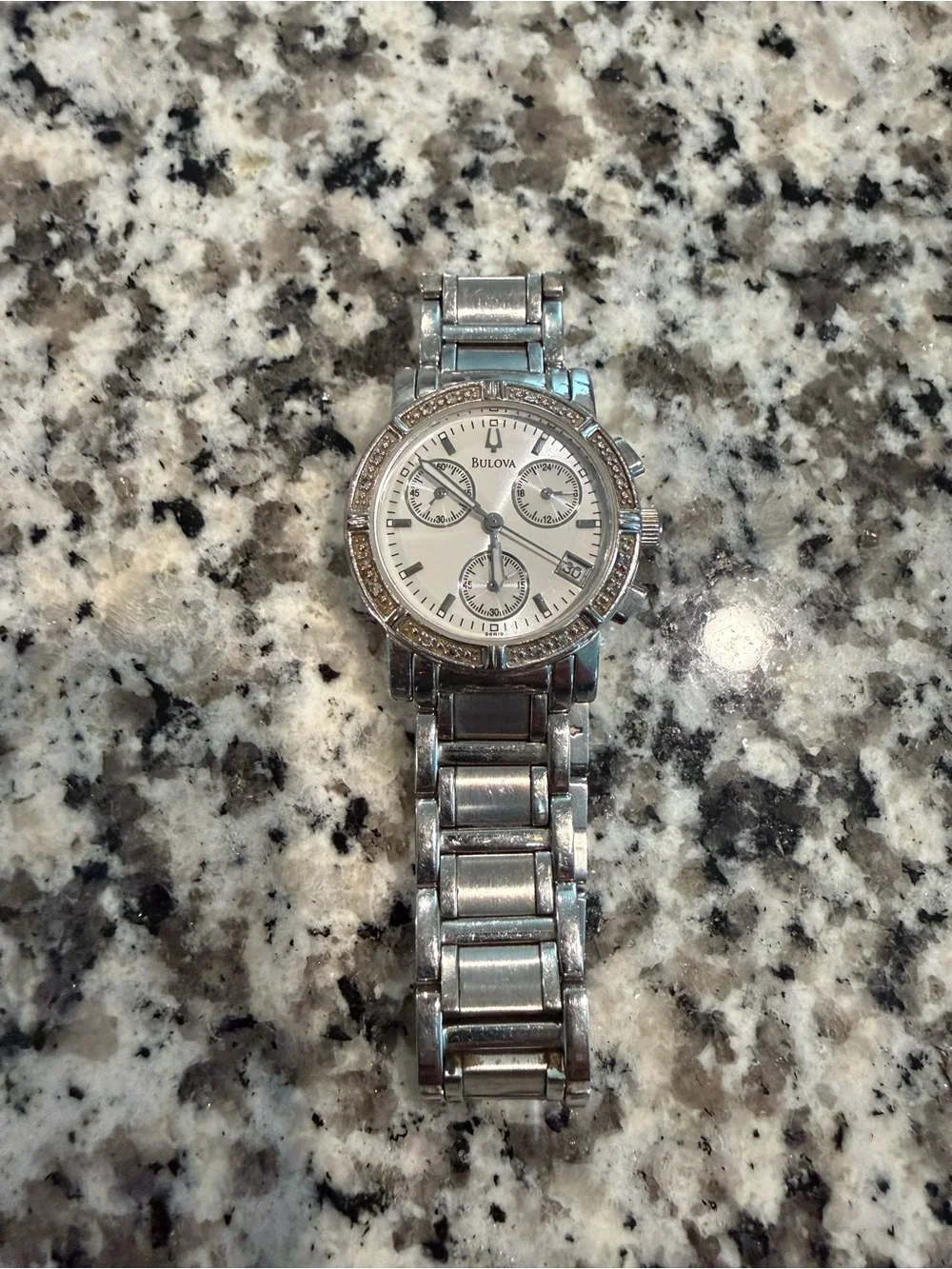 Bulova Silver and White Chronograph Bracelet Watch